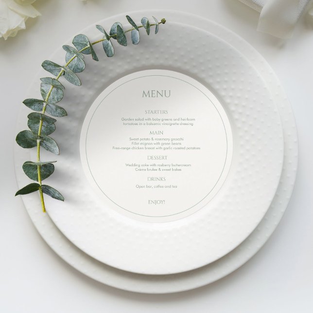 Sage Grönt & Ivory Monogrammed Round Bröllop Menu Meny (Skapare uppladdad)