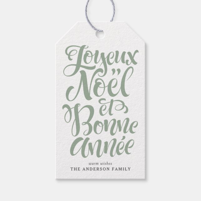 Sage Grönt Joyeux Noël och Bonne Année Calligraphy Presentetikett (Framsidan)