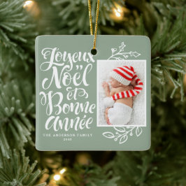 Sage Grönt Joyeux Noël och Bonne Année Photo Julgransprydnad Keramik