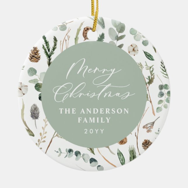 Sage grönt Jul - minimal botanisk bild Julgransprydnad Keramik (Framsidan)