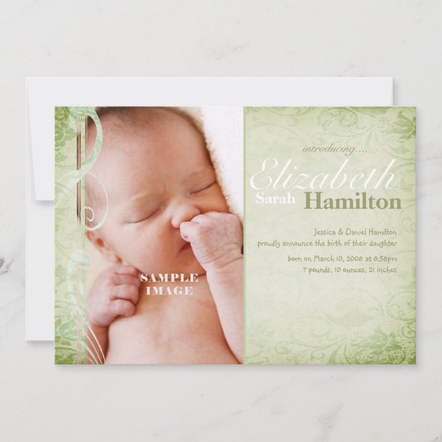 Sage Grönt Kön Neutral Baby Birth Notice Meddelande (Framsida)