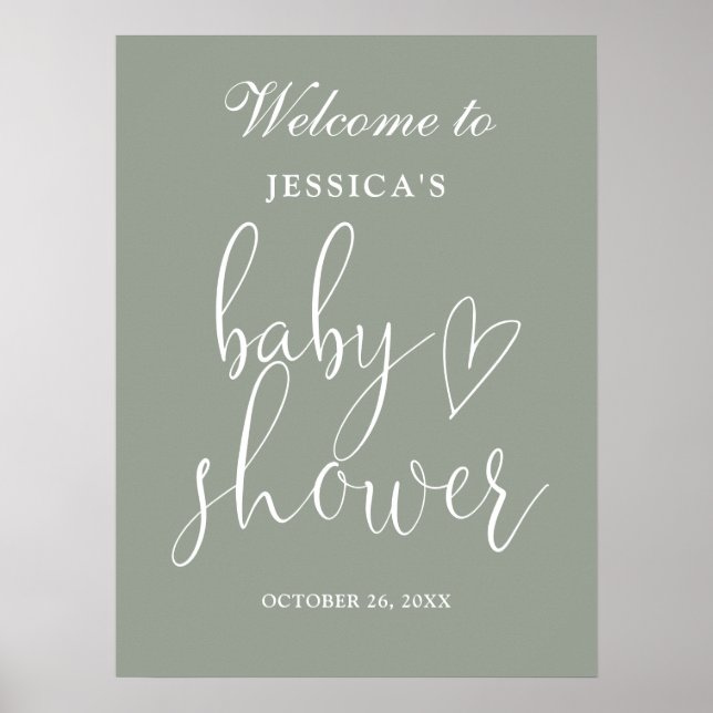 Sage Grönt Kön Neutral Baby Shower Välkomstskylt Poster (Framsidan)