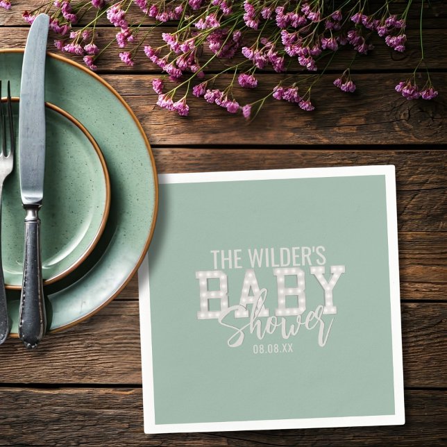 Sage Grönt Kön Neutral babyknän Pappersservett (Perfect napkins for your baby shower. Just add your name and date)