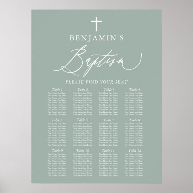 Sage Grönt Kor Boy Baptism Sittplatsdiagramskylt Poster (Framsidan)