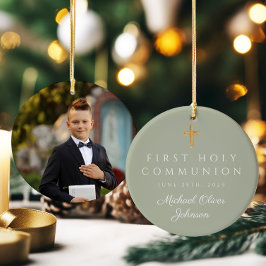 Sage Grönt Kor Boy First Communion Photo Julgransprydnad Keramik