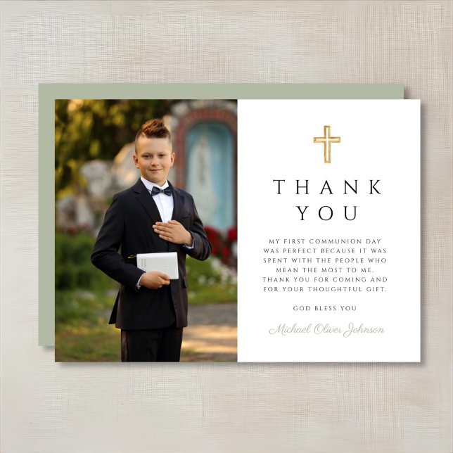 Sage Grönt Kor Boy First Communion Photo Tack Kort (Sage Green Cross Boy First Communion Photo Thank You Card)