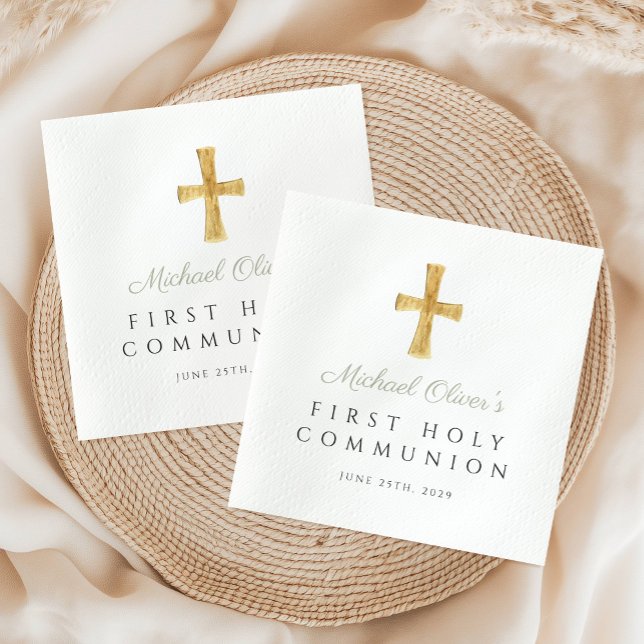 Sage Grönt Kor Boy First Heliga Communion Pappersservett (Sage Green Cross Boy First Holy Communion Napkins)