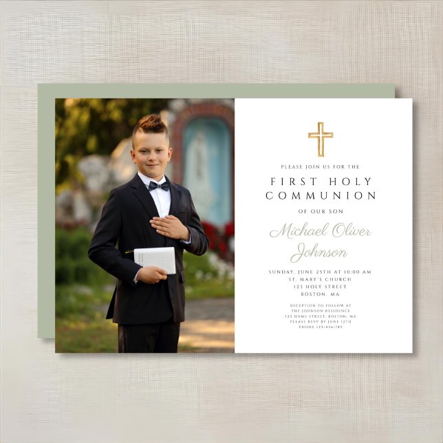Sage Grönt Kor Photo Boy First Communion Inbjudningar (Sage Green Cross Photo Boy First Communion Invitation)