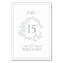 Sage Grönt Leafy Vapensköld Monogram Bröllop Bordsnummer