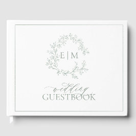 Sage Grönt Leafy Vapensköld Monogram Bröllop Gästböcker