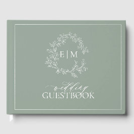 Sage Grönt Leafy Vapensköld Monogram Bröllop Guest Gästböcker