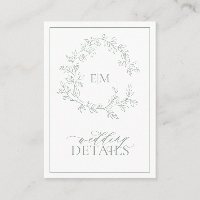 Sage Grönt Leafy Vapensköld Monogram Bröllop-hölje Tilläggskort (Framsida)