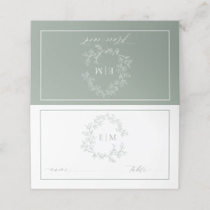 Sage Grönt Leafy Vapensköld Monogram Bröllop Placeringskort