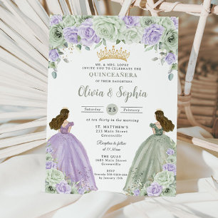 Sage Grönt Lila Blommigt Twin Girls Quinceañera Inbjudningar