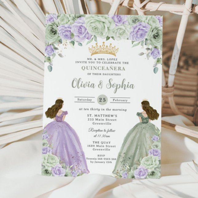 Sage Grönt Lila Blommigt Twin Girls Quinceañera Inbjudningar (Skapare uppladdad)