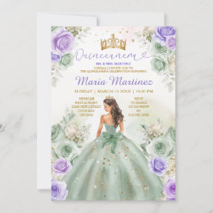 Sage Grönt & Lila blommor Princess Quinceañera Inbjudningar