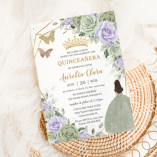 Sage Grönt Lila Lavender Blommigt Guld Quinceañera Inbjudningar