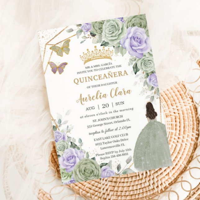 Sage Grönt Lila Lavender Blommigt Guld Quinceañera Inbjudningar (sage-green-lavender-purple-floral-girl-doll-gown-dress-invitation-cards-gold-quinceanera-sweet-16)