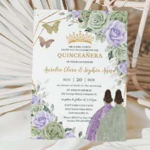 Sage Grönt Lila Lavender Blommigt Twin Quinceañera Inbjudningar
