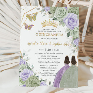 Sage Grönt Lila Lavender Blommigt Twin Quinceañera Inbjudningar