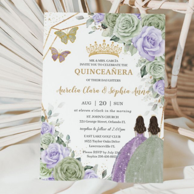 Sage Grönt Lila Lavender Blommigt Twin Quinceañera Inbjudningar (Skapare uppladdad)