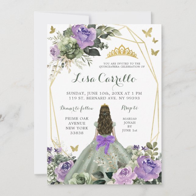 Sage Grönt Lila Lilac Bow Princess Quinceañera Inbjudningar (Framsida)