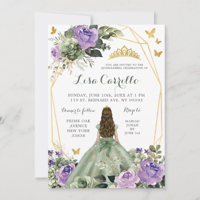 Sage Grönt Lila Lilac Princess Quinceañera Inbjudningar (Framsida)