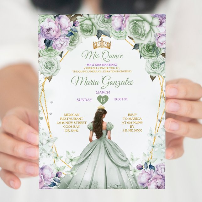 Sage Grönt Lila Mis Quince 15 Anos Krona Inbjudningar (Skapare uppladdad)