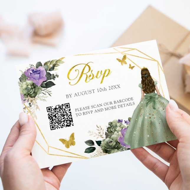 Sage Grönt Lila Princess Quinceañera QR OSA Kort (Skapare uppladdad)