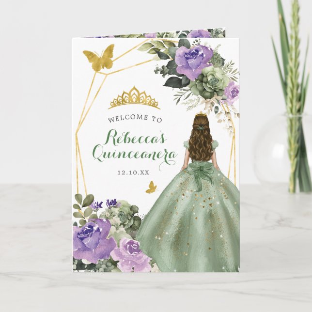 Sage Grönt Lila Quinceañera-programmall Inbjudan (Framsida)