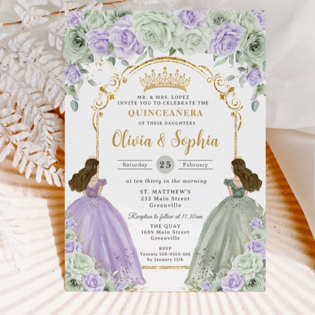 Sage Grönt Lilac Blommigt Twin Girls Quinceañera Inbjudningar (Skapare uppladdad)