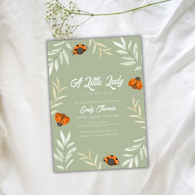 Sage Grönt Little Ladybug Greenery Baby Shower Inbjudningar (Sage Green Little Ladybug Greenery Baby Shower Invitation)