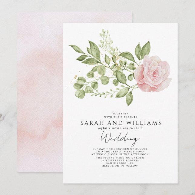 Sage Grönt Ljus rosa Blommigt Boho Bröllop Inbjudningar (Fram/baksida)