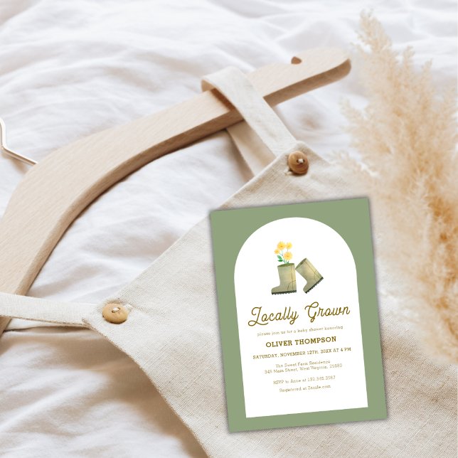Sage Grönt lokalt Grown Blommigt Boots Baby Shower Inbjudningar (Sage Green Locally Grown Floral Boots Baby Shower Invitation)