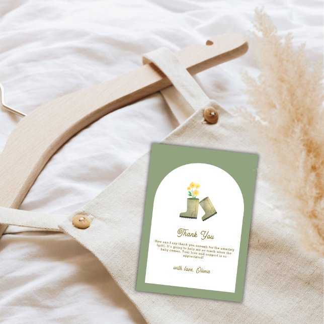 Sage Grönt lokalt Grown Blommigt Boots Baby Shower Tack Kort (Sage Green Locally Grown Floral Boots Baby Shower Thank You Card)