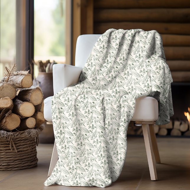 Sage Grönt Löv Blommigt Art Mönster på Ecru Ivory Fleecefilt (Skapare uppladdad)