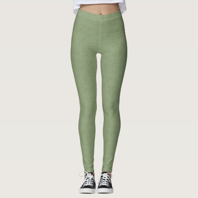 Sage Grönt Löv Embroiderade baljväxter Leggings (Framsida)