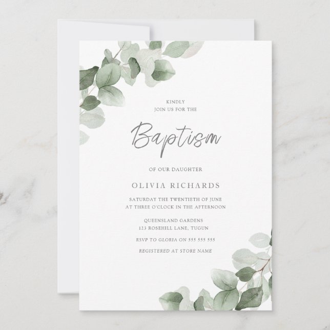 Sage Grönt Löv Modern Boy eller Girl Baptism Inbjudningar (Framsida)