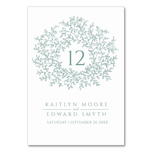 Sage grönt löv, monogram bröllop anpassningsbar bordsnummer (Framsidan)