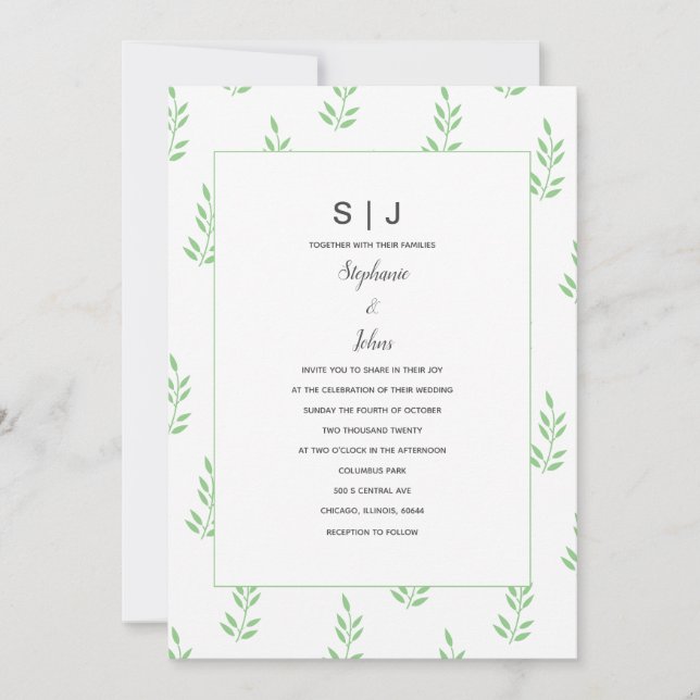Sage Grönt Löv Monogram Minimal enkel Bröllop Inbjudningar (Framsida)