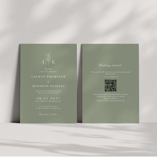 Sage Grönt Löv Monogram QR-kod Bröllop Inbjudningar