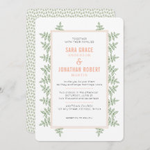 Sage Grönt Lövs Coral Gräns bröllopsinbjudan