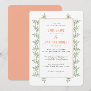 Sage Grönt Lövs Coral Gräns bröllopsinbjudan Inbjudningar