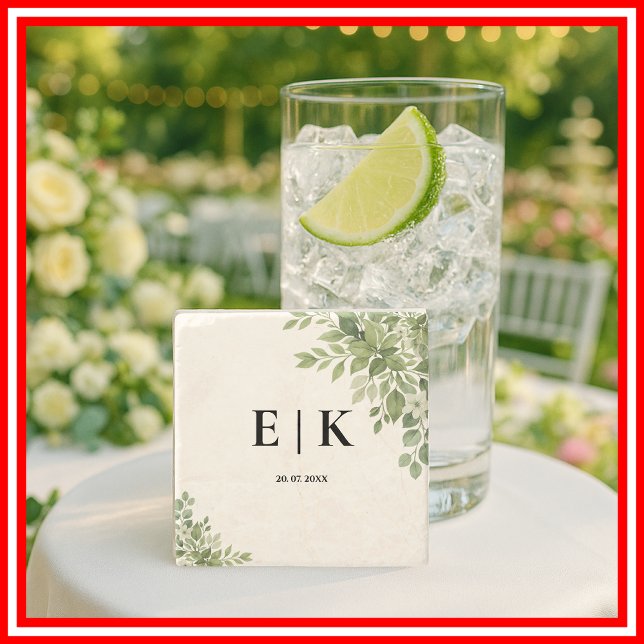 Sage Grönt Lövs Greenery Monogram Bröllop Stenunderlägg (Skapare uppladdad)