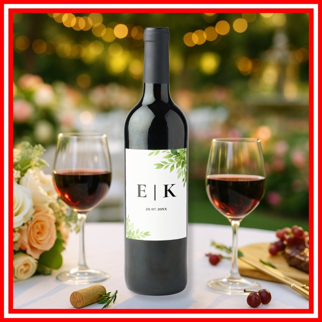 Sage Grönt Lövs Greenery Monogram Bröllop Vinflaska Etikett (Skapare uppladdad)