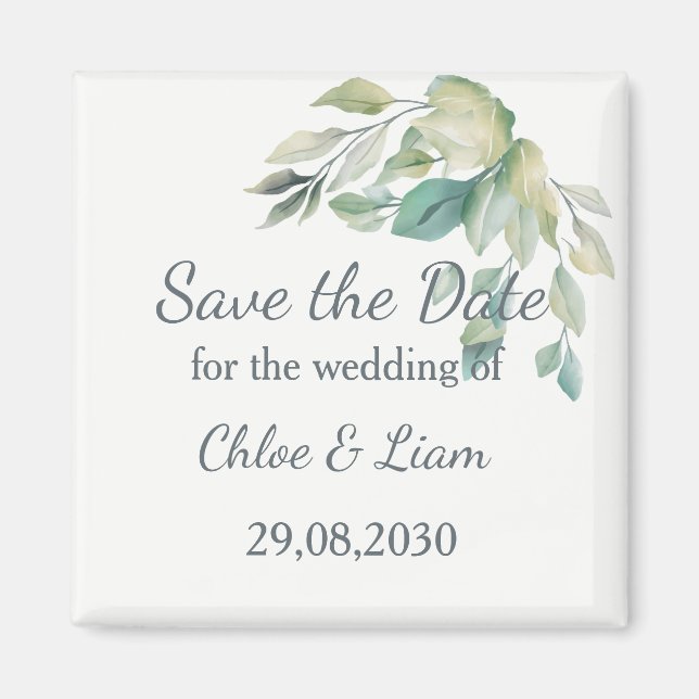 Sage Grönt Lövs Simple Greenery Save the Date Magnet (Framsidan)