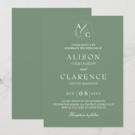 Sage Grönt Luxury Monogram Bröllop Inbjudningar