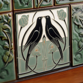 Sage Grönt Mackintosh Black Birds Art Deco Decor Kakelplatta