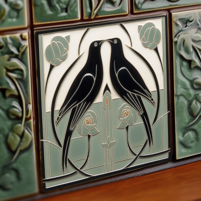 Sage Grönt Mackintosh Black Birds Art Deco Decor Kakelplatta (Skapare uppladdad)
