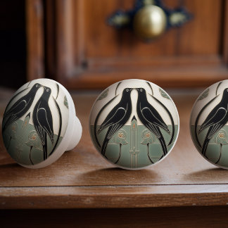Sage Grönt Mackintosh Black Birds Art Deco Decor Knopp